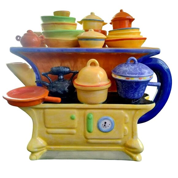 Department 56 Toot & Puddle Ceramic Stovetop Teapot With Colorful Cookware Desig - Picture 1 of 10